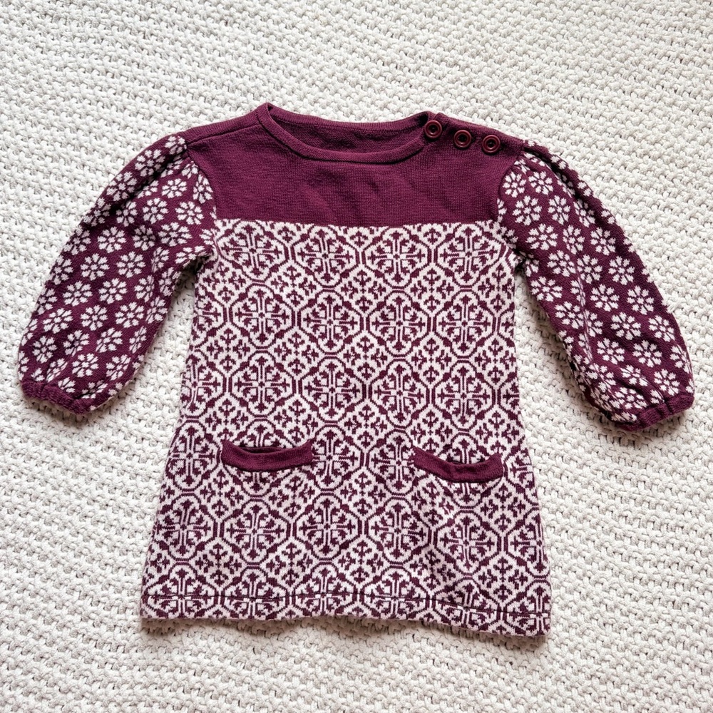 Tea Collection Girls Knit Dress 6-12M Plum And White Detail 100% Pima Cotton